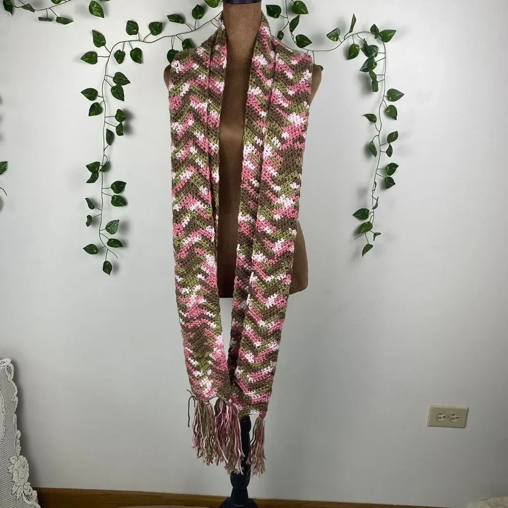 Handmade crochet scarf pink green brown fairy cottage book girlie preppy twee